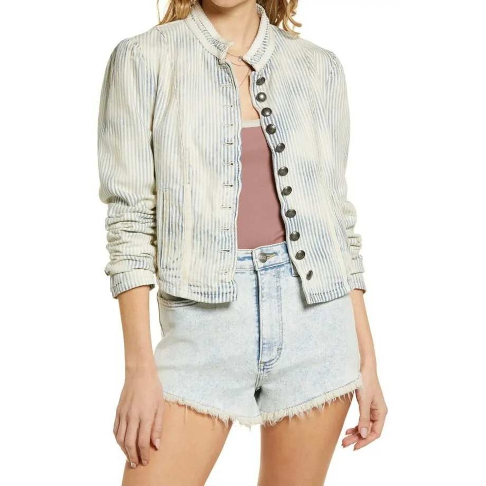 Free People Cassie Stripe Denim Jacket Bleached Out Indigo size XL